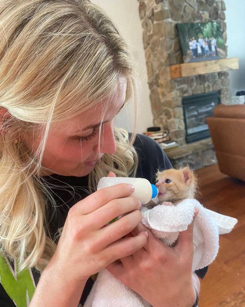 Woman bottle feeds kitten
