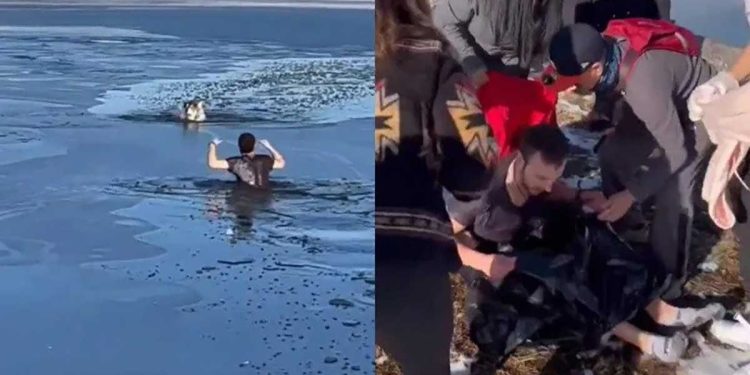 man heroically jumps frozen lake save dog life