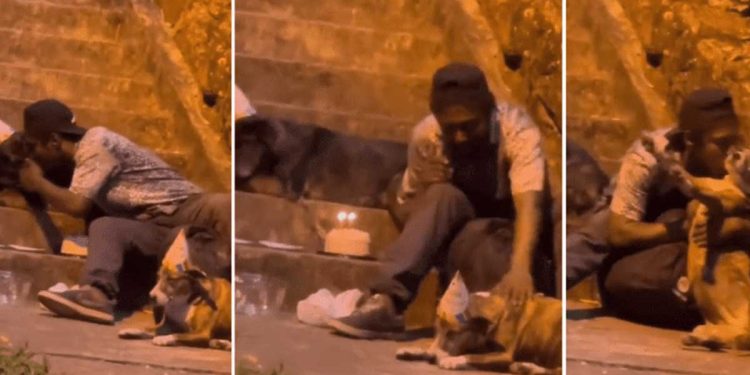 Homeless man celebrates dogs birthday