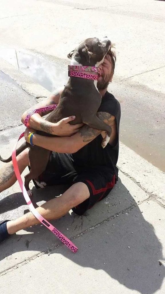 beautiful reunion homeless man with pit bull